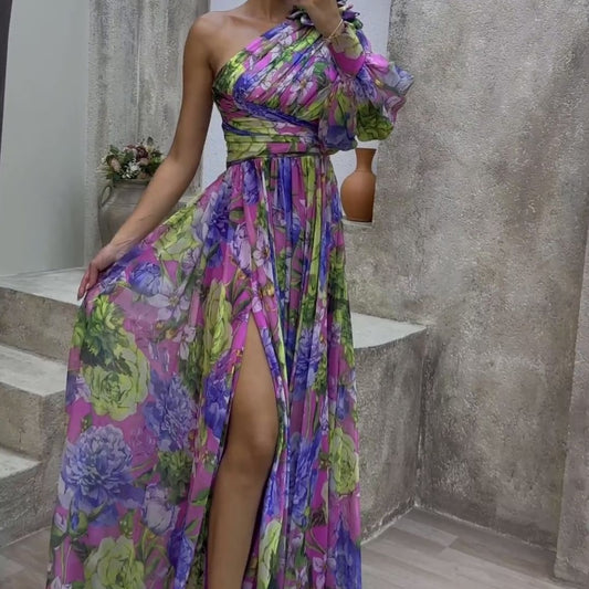 Floral Print Split Maxi Dress Fashion Sexy One-shoulder Long-sleeved Dresses Summer Beach Clothing For Women