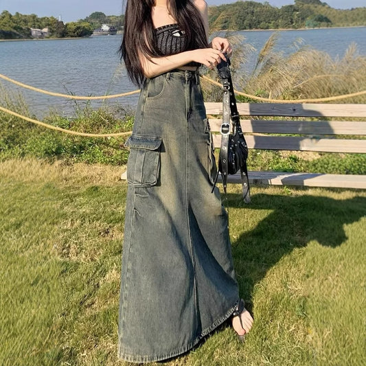 Womens Retro Slit Denim Maxi Skirt