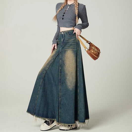 High-waisted Drapey Slimming Vintage Distressed Loose-fit Denim Skirt