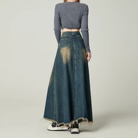 High-waisted Drapey Slimming Vintage Distressed Loose-fit Denim Skirt
