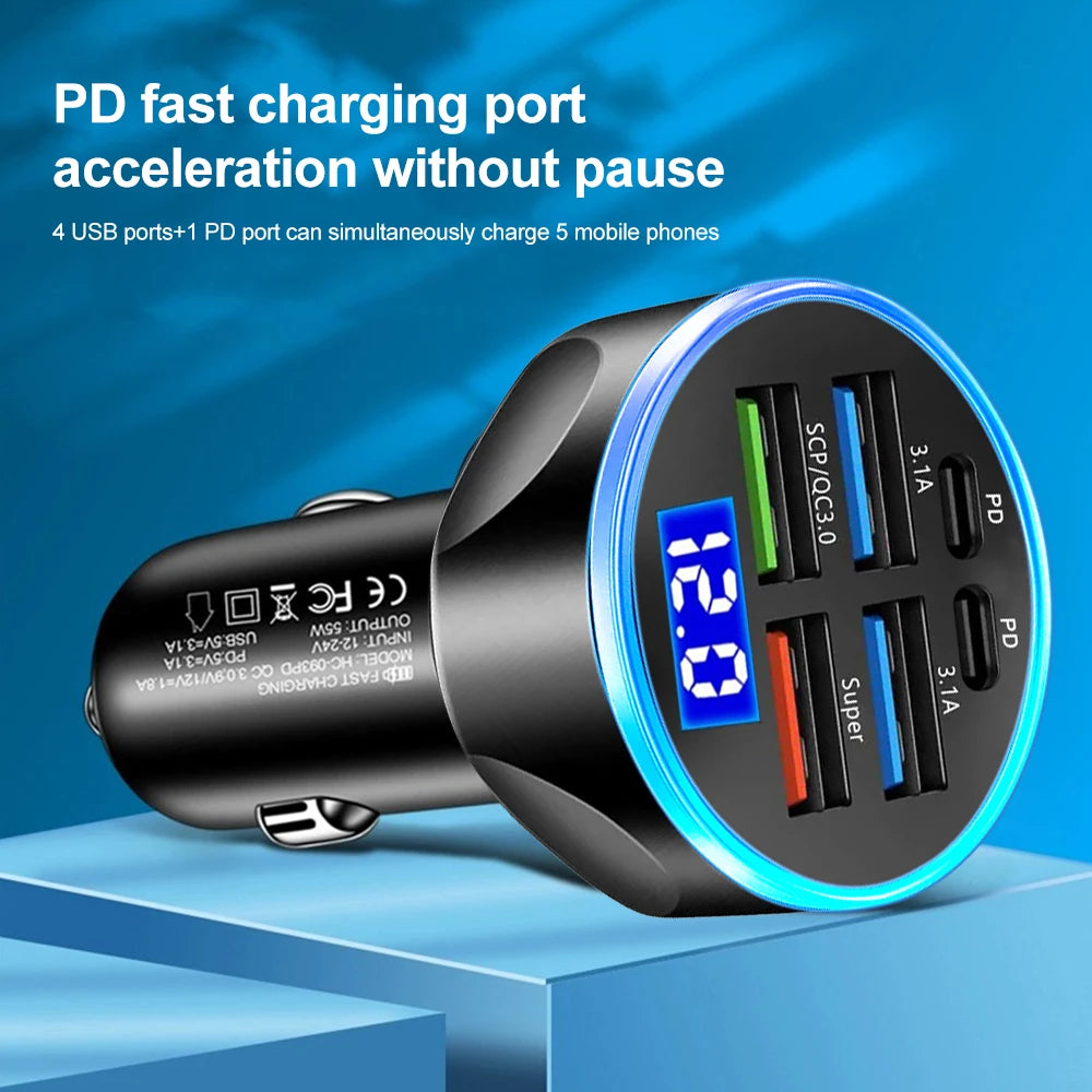 66-250W PD Car Charger QC3.0 Fast Charge One to Six Car