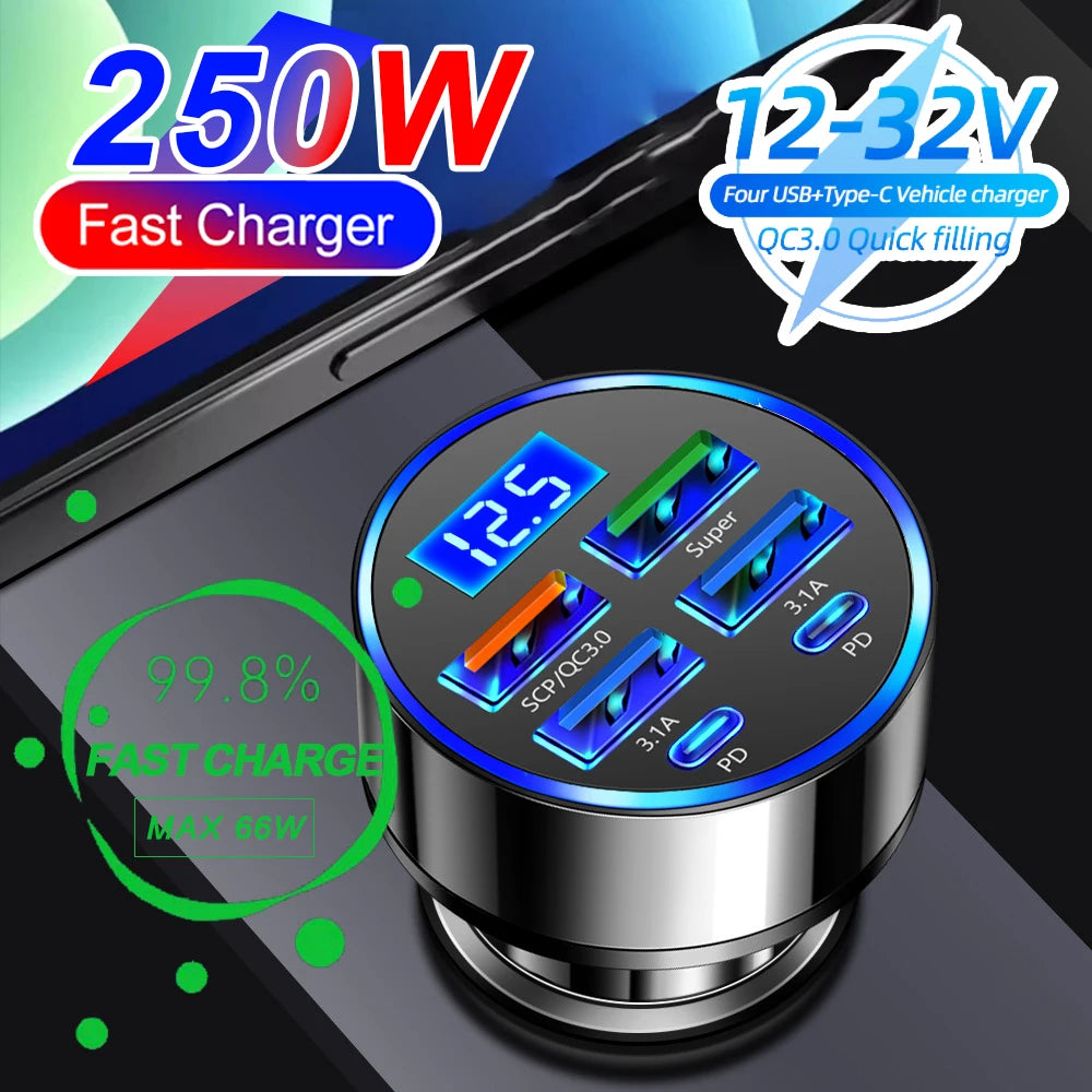 66-250W PD Car Charger QC3.0 Fast Charge One to Six Car