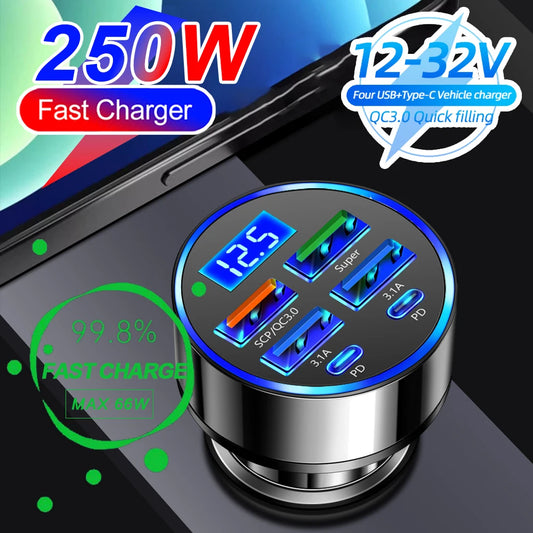 66-250W PD Car Charger QC3.0 Fast Charge One to Six Car