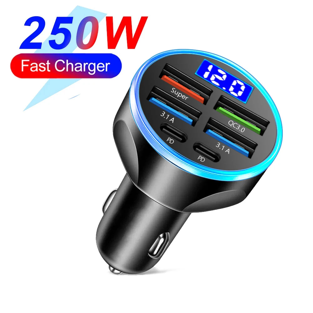 66-250W PD Car Charger QC3.0 Fast Charge One to Six Car