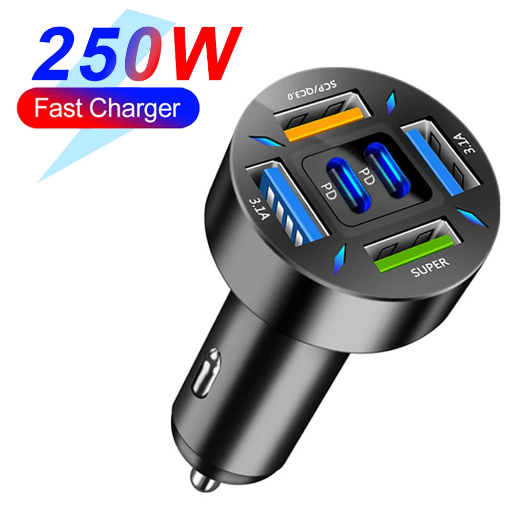 66-250W PD Car Charger QC3.0 Fast Charge One to Six Car