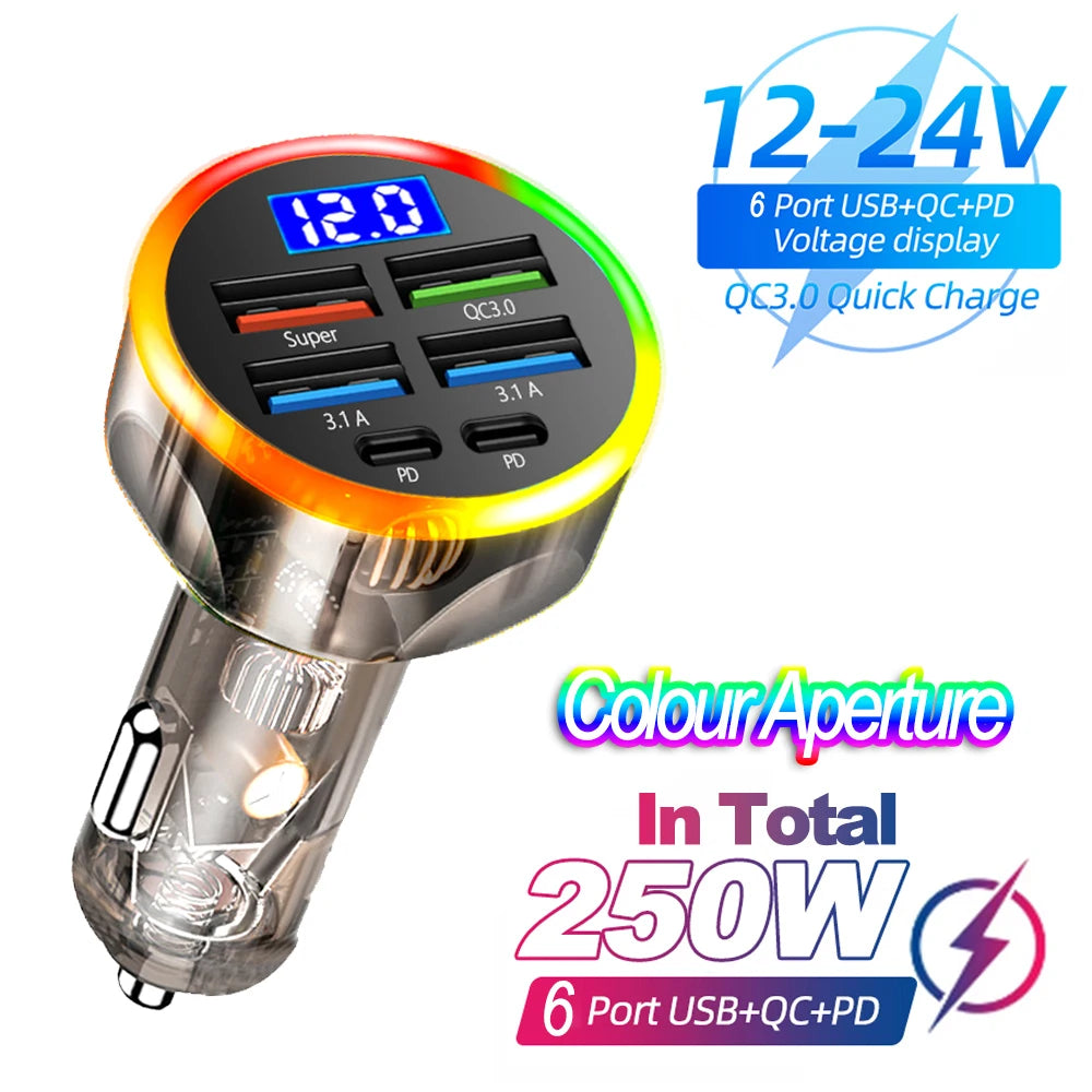 66-250W PD Car Charger QC3.0 Fast Charge One to Six Car