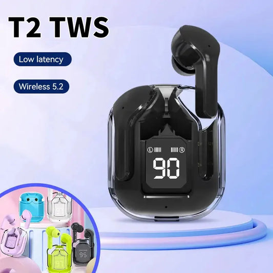 Original T2 Wireless Bluetooth Earphone Transparent HIFI Headphones LED