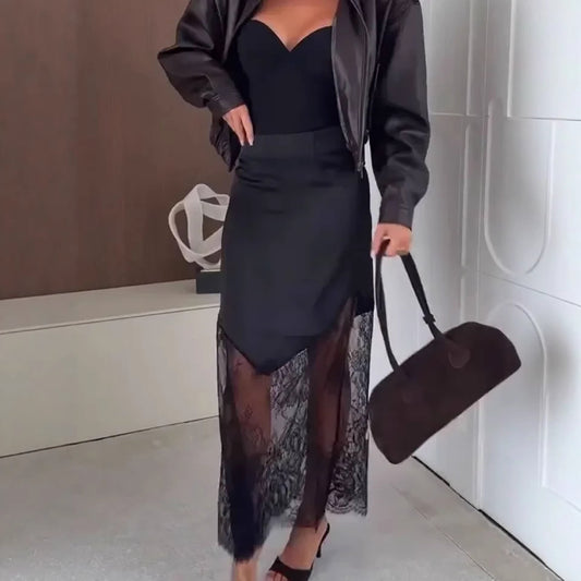 Contemporary Satin High-waist Skirt With A Lace-trimmed Hem